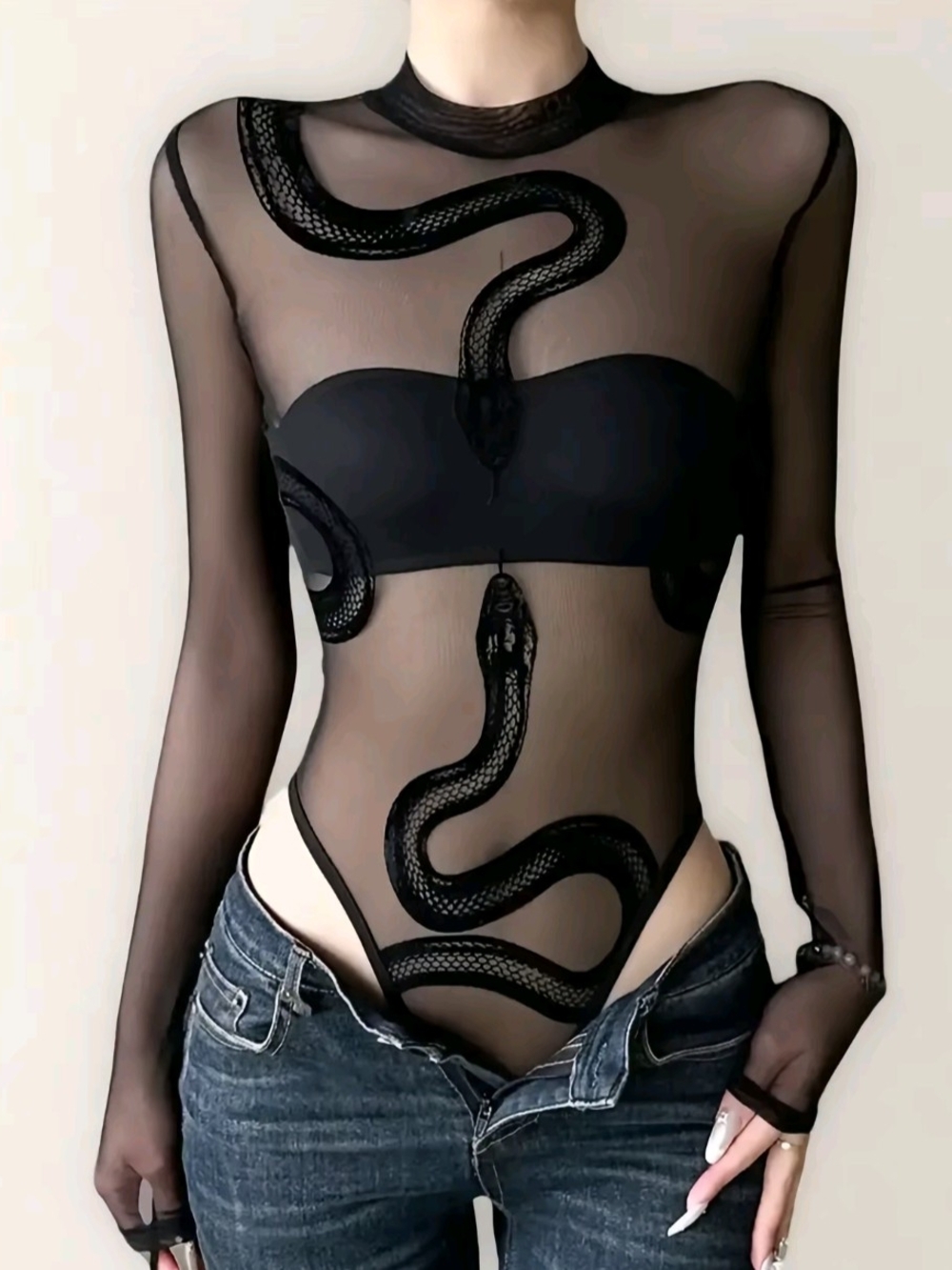 AOMR Black Sheer Mesh Snake Bodysuit – Size L